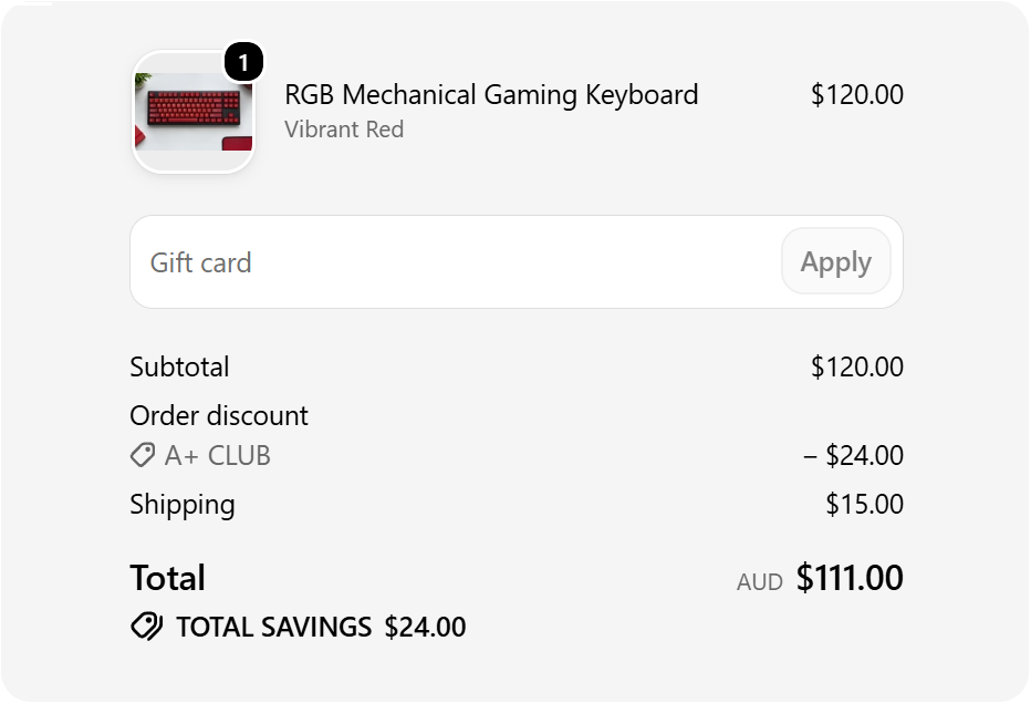 Shopify checkout showing an A+ Club discount of $24 applied to a $120 keyboard.