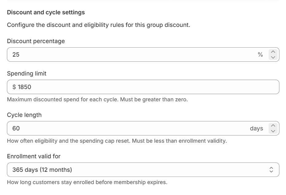 Group discount settings showing the discount percentage, spending cap, cycle length and enrollment end date.