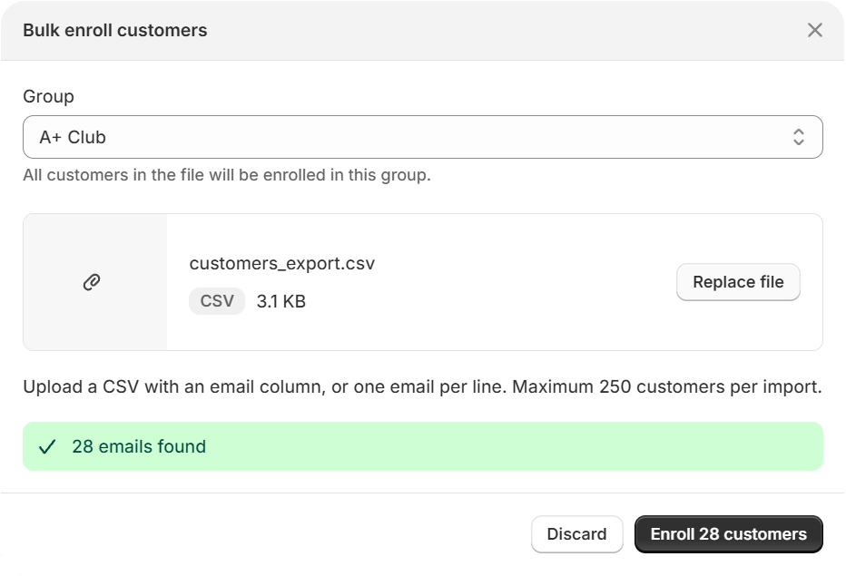Bulk enrollment screen with a customer CSV uploaded and 28 customers ready to enroll in A+ Club.